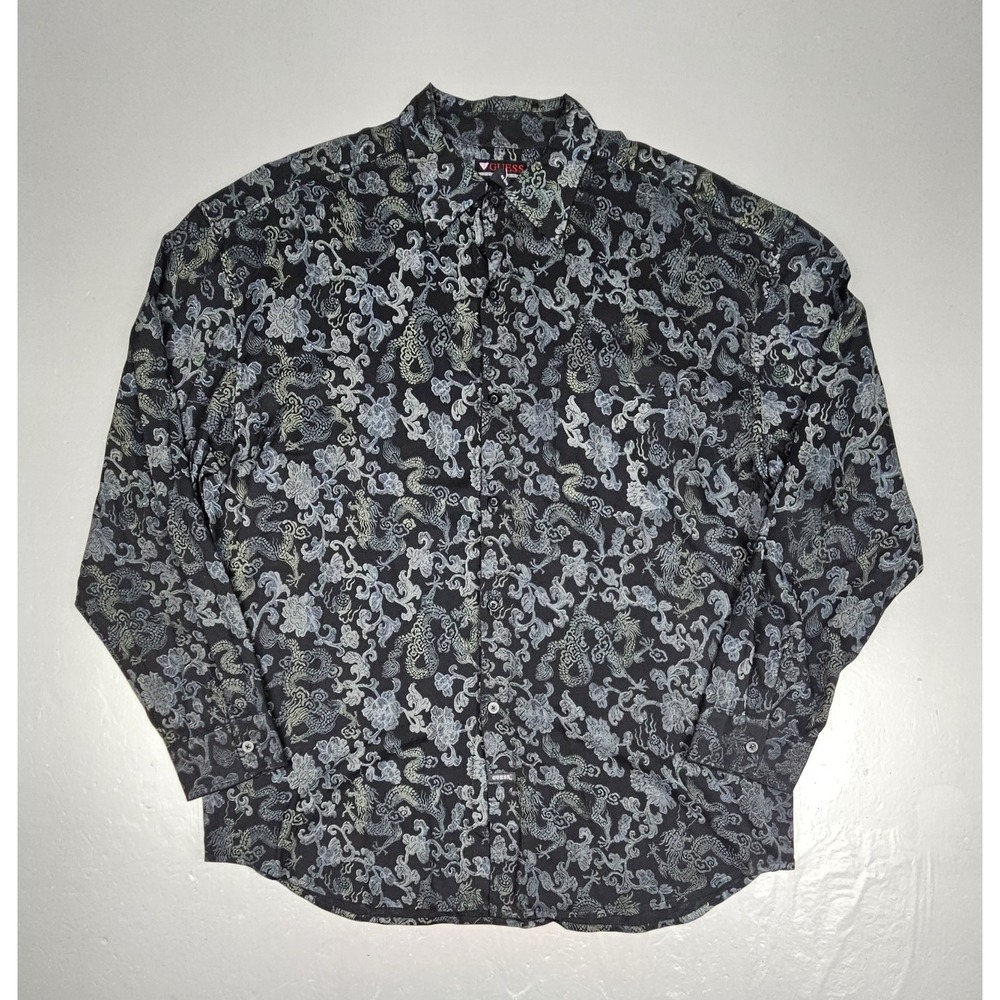Vintage Guess Jeans Button Up Shirt Mens XXL Black Rayon Asian AOP Longsleeve